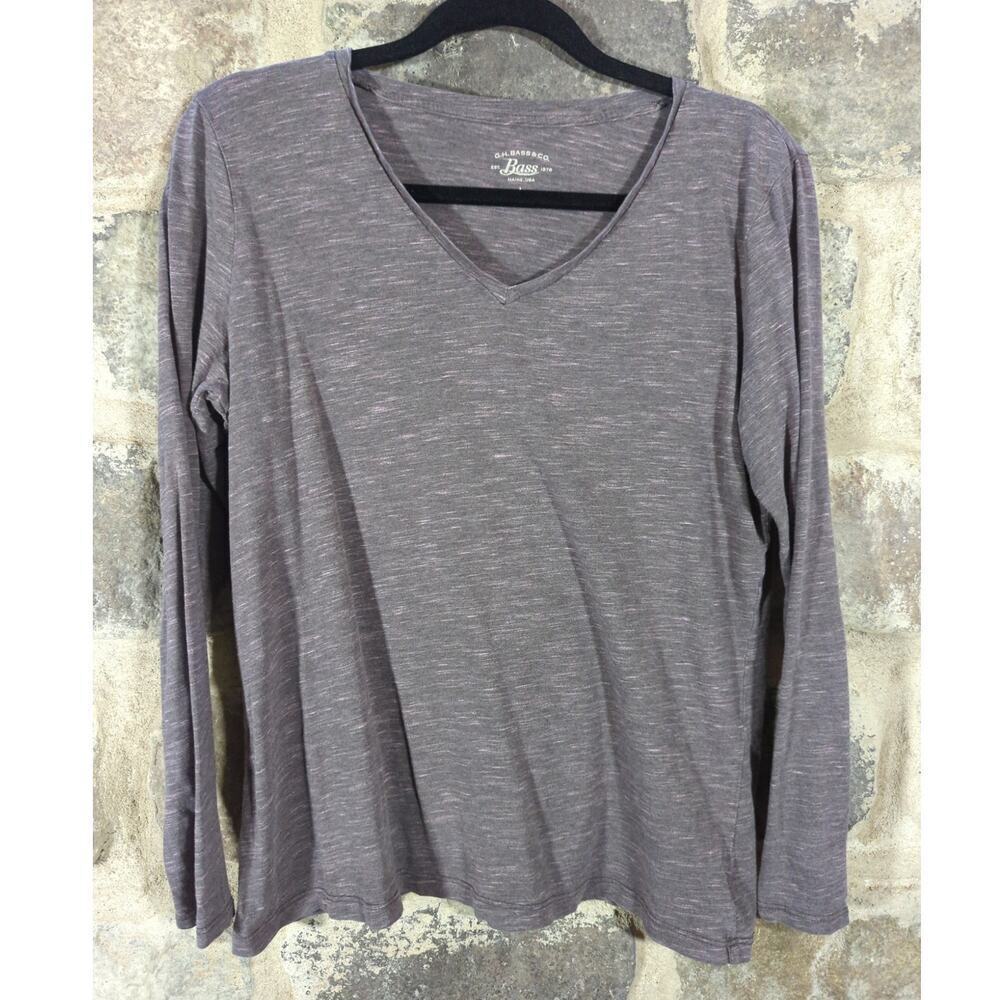 GH Bass Womens V Neck Long Sleeve Heathered Brown Cotton T Shirt Top Size L